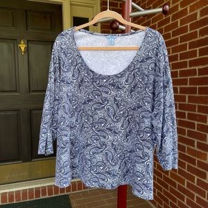 IZOD 3/4 Long Sleeve Cotton Scoop Neck Top Blue White Paisley 3X Women Plus